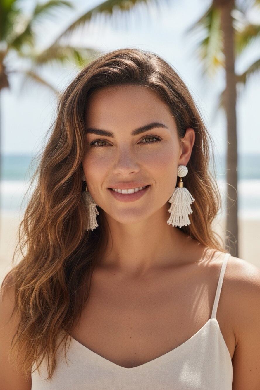 Panacea White Beaded Tassel Earrings Statement Fringe Boho Resort NWT